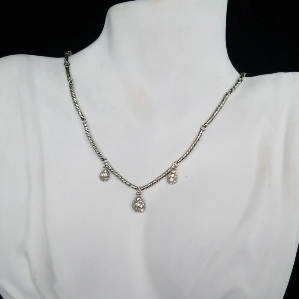 Vintage NOLAN MILLER Raindrop Pave' Rhinestone Silver Plated Necklace EUC